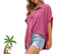 Women's Casual Button Short Sleeve Slit Hem Shirt Solid Color Tops, V-Neck, High-Low Slits, Summer Beach. (H,S)