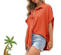 Women's Casual Button Short Sleeve Slit Hem Shirt Solid Color Tops, V-Neck, High-Low Slits, Summer Beach. (D,XXL)