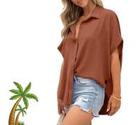 Women's Casual Button Short Sleeve Slit Hem Shirt Solid Color Tops, V-Neck, High-Low Slits, Summer Beach. (I,S)