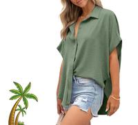 Women's Casual Button Short Sleeve Slit Hem Shirt Solid Color Tops, V-Neck, High-Low Slits, Summer Beach. (B,S)