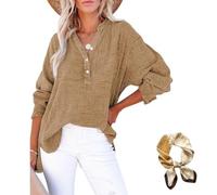 Womens Casual Button V Neck Long Sleeve Shirts,Oversized Solid Blouse,Summer Trendy Lightweight Cotton Tops