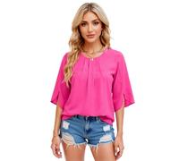 Women's Casual Chiffon Blouse Round Neck Half Sleeve Loose Fit Flowy Tops Summer Spring Elegant Tunic Shirt for Work Daily Wear Burgundy