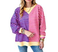 Women's Casual Color Block Striped Sweatshirt Long Sleeve Pullover Top Loose Fit Crewneck Jumper Fall Winter Soft Knit Shirt for Daily Wear