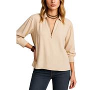 Women's Casual Cotton Linen Zip Up Blouse Long Sleeve Loose Fit Shirt Collar Pullover Top Solid Color Tunic for Spring Summer Fall Daily Wear