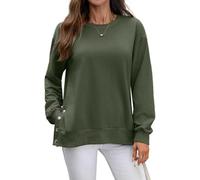 Women's Casual Crewneck Sweatshirt Long Sleeve Pullover Top with Side Button Detail Loose Fit Fall Winter Basic tee Shirt for Daily Wear