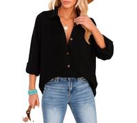 Women's Casual Long Sleeve Button Down Shirt Loose Fit Drop Shoulder Blouse Lightweight Crinkle Cotton Tops for Spring Summer Beach Vacation