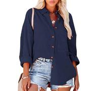 Women's Casual Long Sleeve Button Down Shirt Loose Fit Drop Shoulder Blouse Lightweight Crinkle Cotton Tops for Spring Summer Beach Vacation