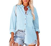 Women's Casual Long Sleeve Button Down Shirt Loose Fit Drop Shoulder Blouse Lightweight Crinkle Gauze Beach Top Khaki Spring Summer Tunic
