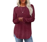 Women's Casual Long Sleeve Crew Neck Sweater Top Loose Fit Waffle Knit Tunic Shirt with Side Slits High Low Curved Hem for Fall Winter