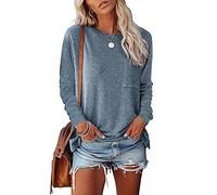 Women's Casual Long Sleeve T Shirt Crew Neck Pocket Side Split Loose Fit Tops Soft Knit Sweater for Fall Winter Daily Wear Basic