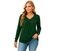 Women's Casual Long Sleeve V Neck Tops Solid Color Ruched Detail Loose Fit Tunic Blouse Soft Stretchy Basic tee Shirt for Daily Wear