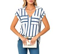 Women's Casual Loose V Neck Striped Button Down Shirt Short Sleeve Summer Blouse with Pockets Lightweight Work Top for Ladies Fashion Style