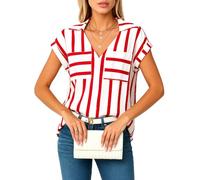 Women's Casual Loose V Neck Striped Button Down Shirt Short Sleeve Summer Blouse with Pockets Lightweight Work Top for Ladies Fashion Style