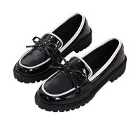 Women's Casual Patent Leather Bow Loafers, Bowknot Thick Sole Loafer for Women Comfortable Closed Toe Thick Sole (Black-White,37)