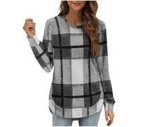 Women's Casual Plaid Long Sleeve Shirt Loose Fit Crew Neck Tunic Tops with High Low Hem Soft Flannel Checkered Blouse for Fall Winter Daily Wear