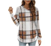 Women's Casual Plaid Long Sleeve Shirt Loose Fit Crew Neck Tunic Tops with High Low Hem Soft Flannel Checkered Blouse for Fall Winter Daily Wear