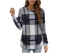 Women's Casual Plaid Long Sleeve Shirt Loose Fit Crew Neck Tunic Tops with High Low Hem Soft Flannel Checkered Blouse for Fall Winter Daily Wear
