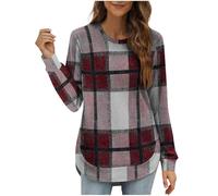 Women's Casual Plaid Long Sleeve Shirt Loose Fit Crew Neck Tunic Tops with High Low Hem Soft Flannel Checkered Blouse for Fall Winter Daily Wear