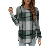 Women's Casual Plaid Long Sleeve Shirt Loose Fit Crew Neck Tunic Tops with High Low Hem Soft Flannel Checkered Blouse for Fall Winter Daily Wear