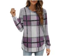 Women's Casual Plaid Long Sleeve Shirt Loose Fit Crew Neck Tunic Tops with High Low Hem Soft Flannel Checkered Blouse for Fall Winter Daily Wear
