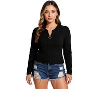 Women's Casual Ribbed Knit Long Sleeve Tunic Top with Side Pockets Half Zip V Neck Loose Fit Swing Shirt for Fall Winter Daily Wear【