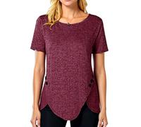 Women's Casual Short Sleeve T-Shirt Loose Fit Round Neck Top with Side Button Detail Asymmetrical Hem Navy Blue tee for Summer Daily Wear