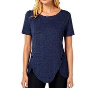 Women's Casual Short Sleeve T-Shirt Loose Fit Round Neck Top with Side Button Detail Asymmetrical Hem Navy Blue tee for Summer Daily Wear