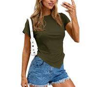 Women's Casual Short Sleeve T Shirt Solid Color Crew Neck Asymmetrical Hem Ruched Side Slim Fit Summer Top for Daily Wear and Party