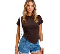 Women's Casual Short Sleeve T Shirt Solid Color Crew Neck Asymmetrical Hem Ruched Side Slim Fit Summer Top for Daily Wear and Party