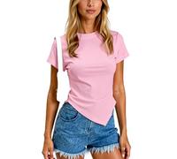 Women's Casual Short Sleeve T Shirt Solid Color Crew Neck Asymmetrical Hem Ruched Side Slim Fit Summer Top for Daily Wear and Party