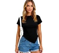 Women's Casual Short Sleeve T Shirt Solid Color Crew Neck Asymmetrical Hem Ruched Side Slim Fit Summer Top for Daily Wear and Party