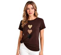 Women's Casual Short Sleeve T-Shirt Summer Love Heart Print Round Neck Fashion Relaxed Fit Top Dark Brown tee for Daily Wear and Vacation