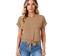 Women's Casual Short Sleeve T-Shirt with Front Knot Detail, Round Neck Loose Fit Summer Top, Soft Knit Blouse for Daily Wear, Wine Red
