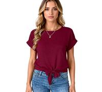 Women's Casual Short Sleeve T-Shirt with Front Knot Detail, Round Neck Loose Fit Summer Top, Soft Knit Blouse for Daily Wear, Wine Red
