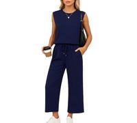 Womens Casual Sleeveless Top and Wide Leg Pants Set 2 Piece Outfit Solid Color Round Neck Lounge Wear Matching Set for Summer Spring Daily Wear