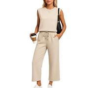 Womens Casual Sleeveless Top and Wide Leg Pants Set 2 Piece Outfit Solid Color Round Neck Lounge Wear Matching Set for Summer Spring Daily Wear