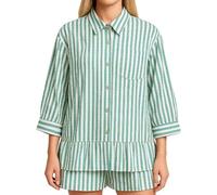Women's Casual Striped Button Down Shirt 3/4 Sleeve V Neck Blouse with Ruffle Hem Loose Fit Spring Summer Tops for Work Daily Wear
