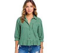 Women's Casual Striped Button Down Shirt 3/4 Sleeve V Neck Blouse with Ruffle Hem Loose Fit Spring Summer Tops for Work Daily Wear