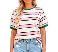 Women's Casual Striped T-Shirt Loose Fit Round Neck Short Sleeve Summer Top Green White Horizontal Stripe tee for Daily Wear Vacation Beach