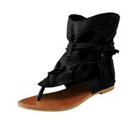 Women's Casual Summer Sandals Retro Flat Tie Espadrilles Open Toe Bohemian Beach Shoes For Walking Outdoor Party (Black, 41)