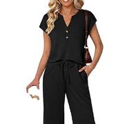 Women's Casual Two Piece Outfits Short Sleeve Button Down Top and Wide Leg Pants Set Elastic Waist Lounge Wear Matching Sets for Summer Spring