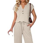 Women's Casual Two Piece Outfits Short Sleeve Button Down Top and Wide Leg Pants Set Elastic Waist Lounge Wear Matching Sets for Summer Spring