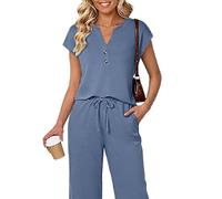 Women's Casual Two Piece Outfits Short Sleeve Button Down Top and Wide Leg Pants Set Elastic Waist Lounge Wear Matching Sets for Summer Spring