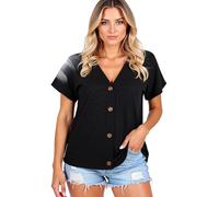 Women's Casual V Neck Button Down Short Sleeve T Shirt Loose Fit Summer Tops Soft Breathable Basic Blouse for Daily Wear and Vacation
