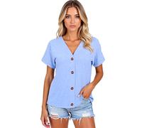 Women's Casual V Neck Button Down Short Sleeve T Shirt Loose Fit Summer Tops Soft Breathable Basic Blouse for Daily Wear and Vacation