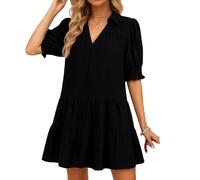 Women's Casual V Neck Collared Dress Short Sleeve Tiered Ruffle Hem Smocked Cuffs A Line Mini Dress for Summer Beach Vacation Daily Wear