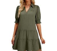 Women's Casual V Neck Collared Dress Short Sleeve Tiered Ruffle Hem Smocked Cuffs A Line Mini Dress for Summer Beach Vacation Daily Wear