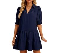 Women's Casual V Neck Collared Dress Short Sleeve Tiered Ruffle Hem Smocked Cuffs A Line Mini Dress for Summer Beach Vacation Daily Wear