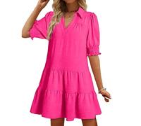 Women's Casual V Neck Collared Dress Short Sleeve Tiered Ruffle Hem Smocked Cuffs A Line Mini Dress for Summer Beach Vacation Daily Wear