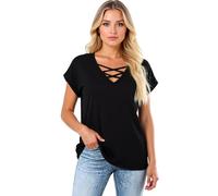 Women's Casual V Neck Criss Cross Short Sleeve T Shirts Loose Fit Butterfly Sleeve Tops Summer Blouses for Women Basic tee Shirts Black Top